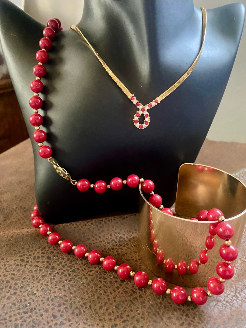 Vintage Avon Gold Red & Clear Rhinestone, Red & Gold Beaded Necklace, Cuff